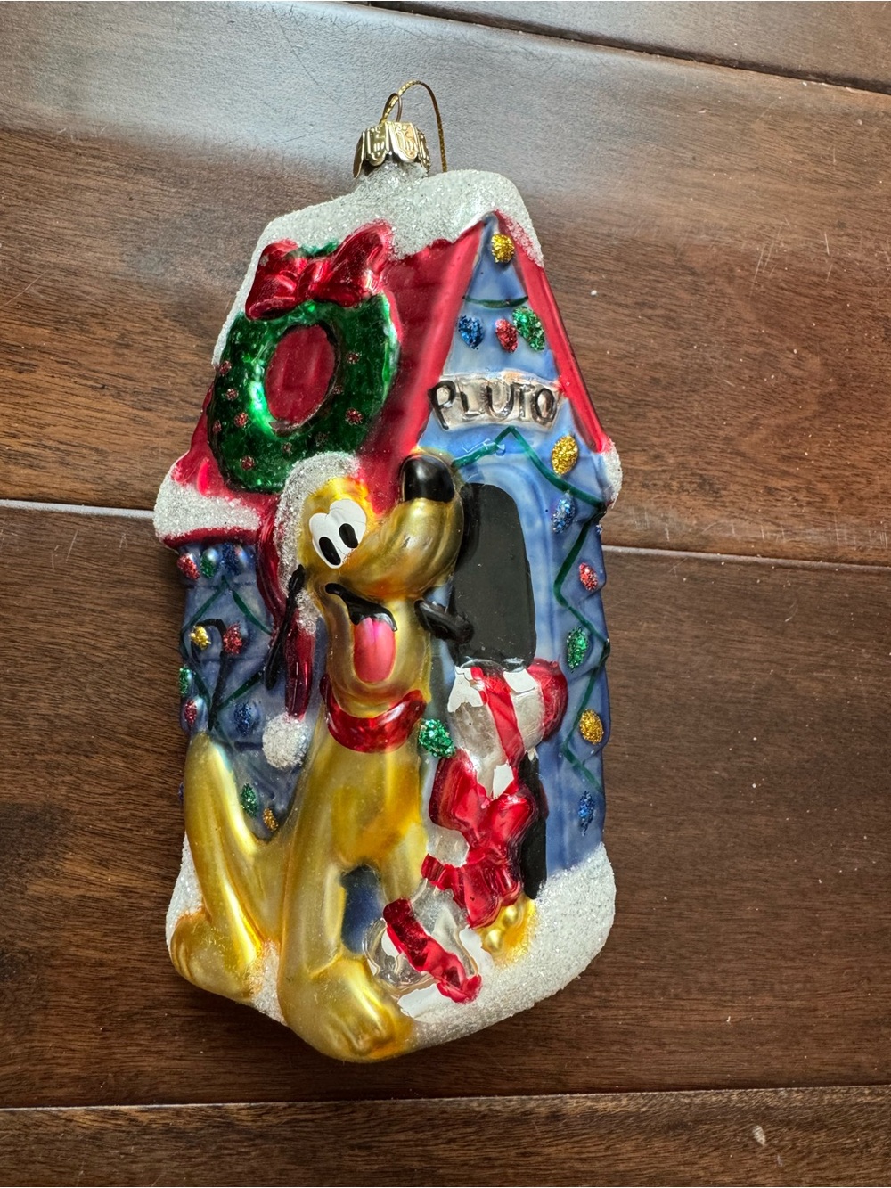 Disney Gold Pluto Glass Ornament with Red, Green, Blue Accents